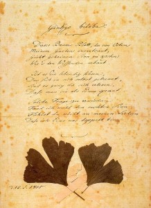 Copia del poema original, con hojas de ginkgo pegadas por el mismo Goethe.